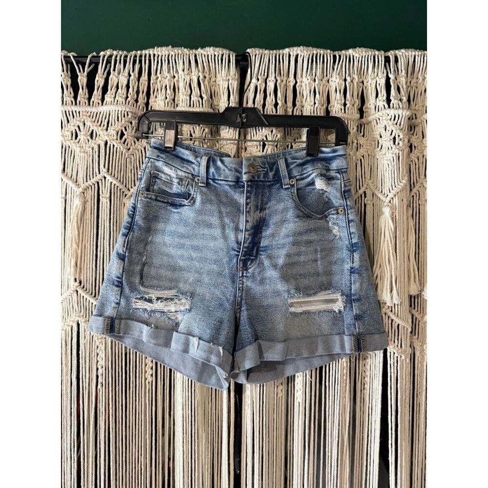 American Eagle Distressed High-Waisted Denim Shorts Cuffed Wash Size